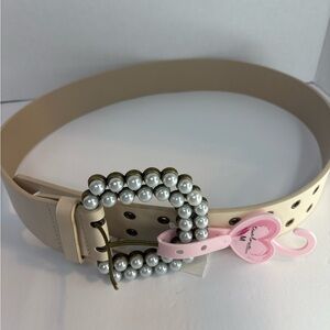 Chic Cream Belt with Pearl Embellished Buckle